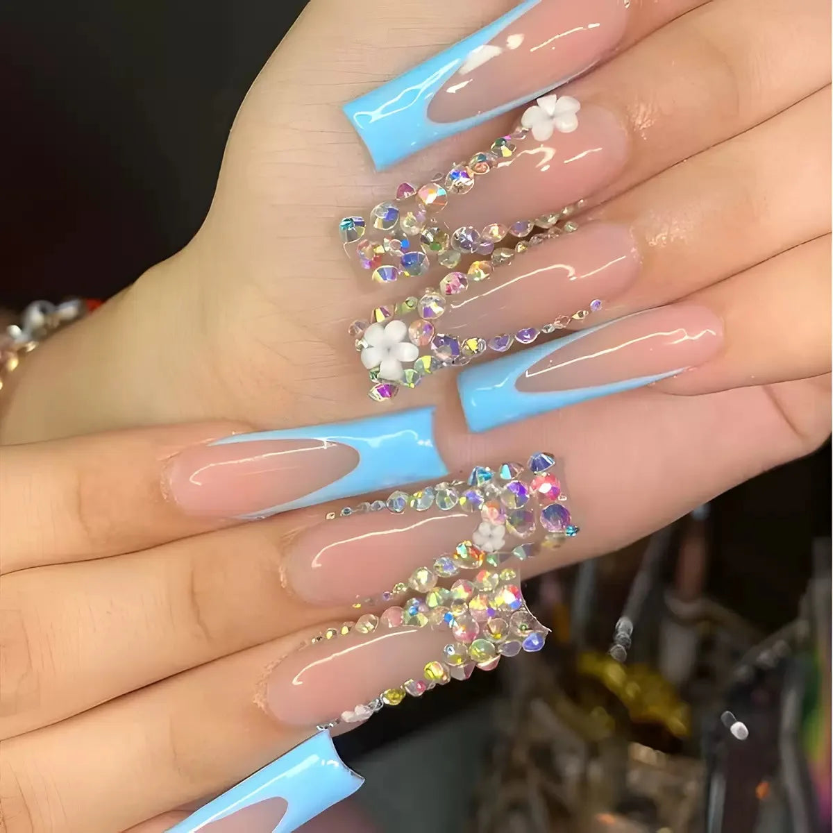 24Pcs Gold French Border False Nails Long Coffin False Nails with Rhinestones Ballerina Full Cover Nail Tips Press on Nails