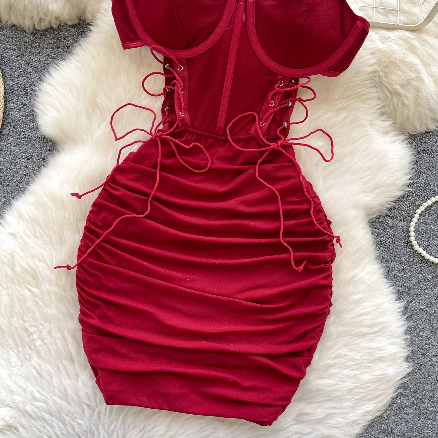Strapless Lace Up Hollow Out Design Pleated Bodycon Dresses