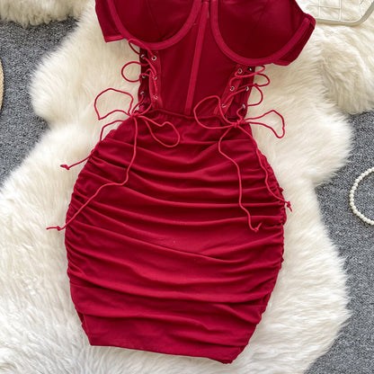 Strapless Lace Up Hollow Out Design Pleated Bodycon Dresses