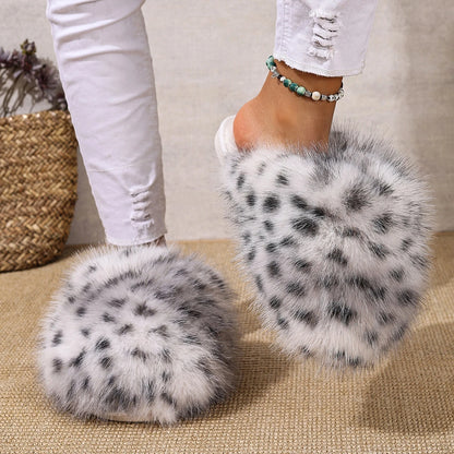 Faux Fur Leopard Pattern Soft Sole Indoor Ladies Shoes