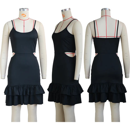 European and American Fashion Sling Low-cut Ruffled Mini Dress