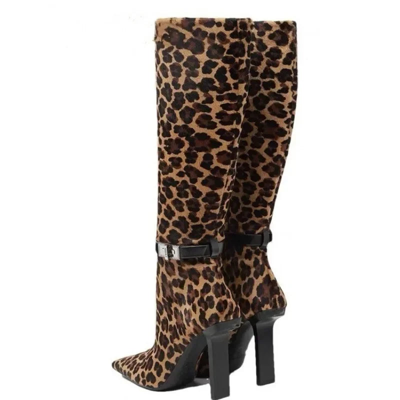 Sanaa Thick Heel Metal Belt Buckle, Side Zipper, Knee Length Leopard Print Boots