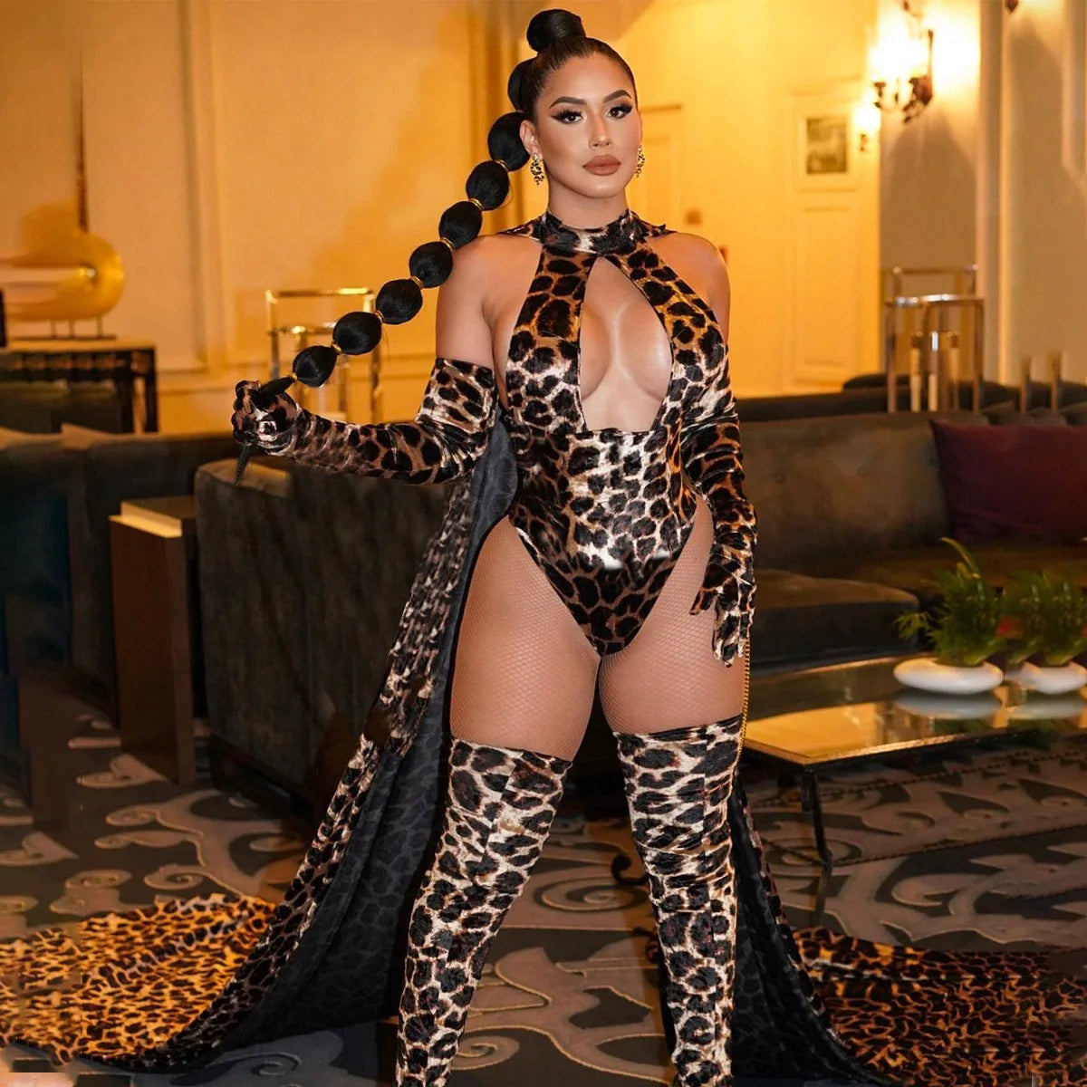 Leopard Print Bodysuit + Gloves + Leggings Backless Deep V Suspenders Sleeveless Bodysuits Thin 3X4C