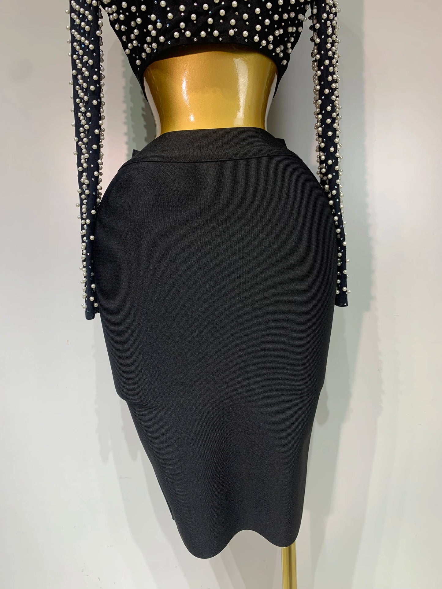 Celebrity Long Sleeve Mesh Pearl Top + Midi Skirt Sets