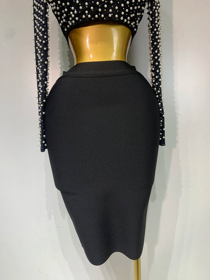 Celebrity Long Sleeve Mesh Pearl Top + Midi Skirt Sets