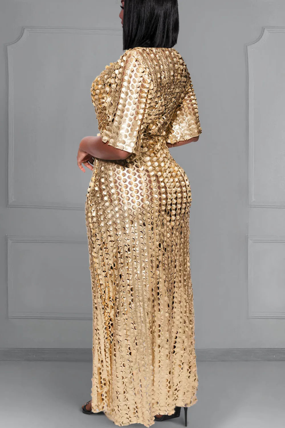 Gia Gold V Neck Short Sleeve Split Maxi Dresses