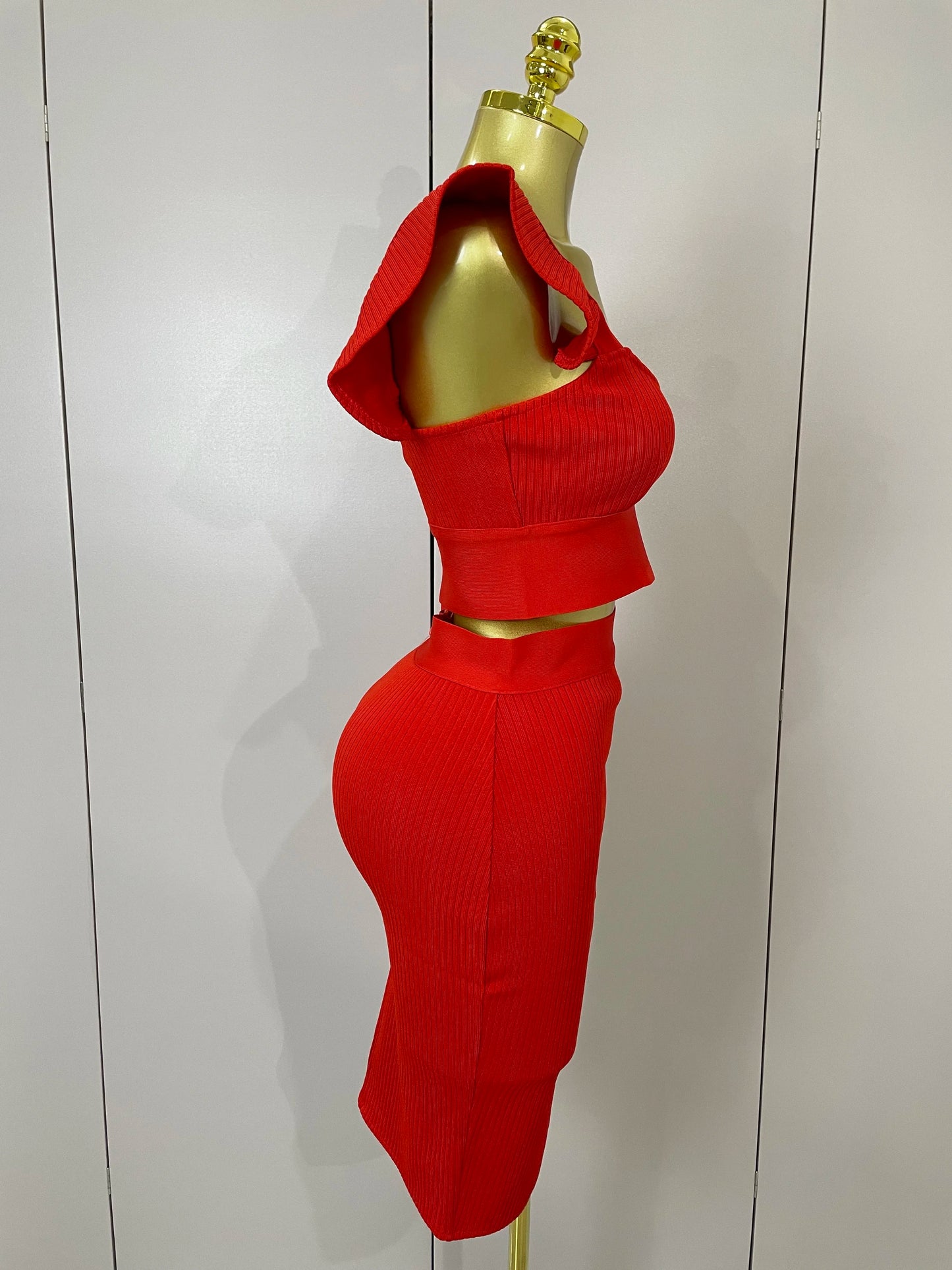 Celebrity Ruffles Red Bandage Skirt Sets
