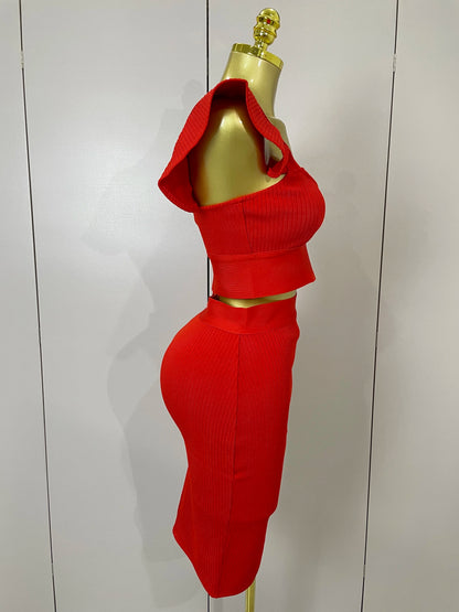 Celebrity Ruffles Red Bandage Skirt Sets
