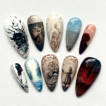 24pcs Flower Print Press on Nails Wine Red Blush Almond False Nail Tips Wearable Reusable Summer Spicy Girl Fake Nails