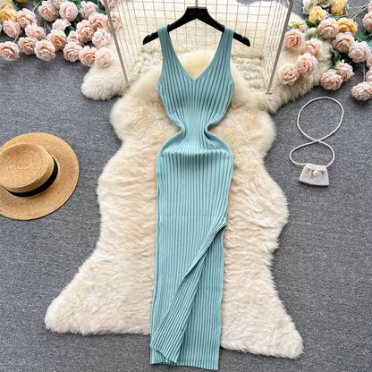 Chic Fashion Sexy Wrap Hips Split Knitted Slim Elastic Bodycon Maxi Dresses