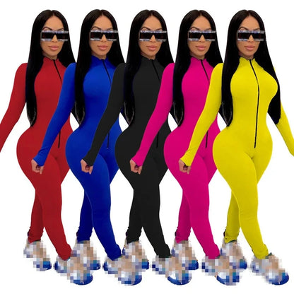 Deep V Bodycon Rompers Womens Jumpsuit Sport Suit Fashion Zip Up Long Pants Overalls Fitness Set