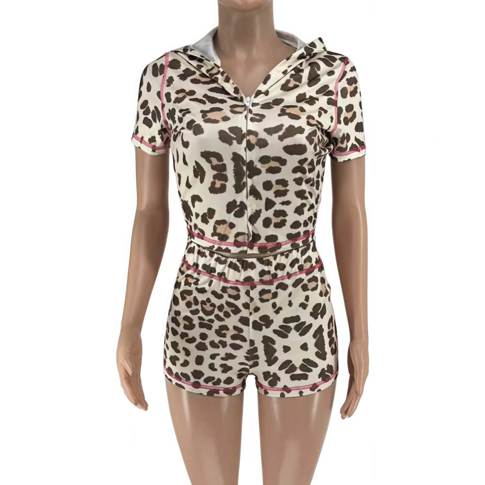 Leopard Short Sleeve Crop Top + Short Sets