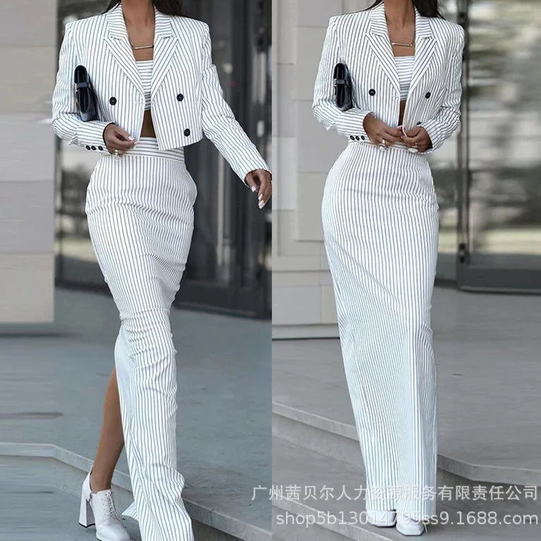 Striped Turn Down Collar Blazer + Split Skirt Sets