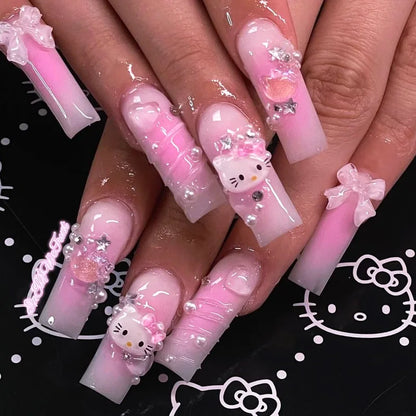 24Pcs Duckbill Nails Press on Y2K French Black Fake Nails Tips with Hellokitty Metal Charms Full Cover Acrylic False Nail