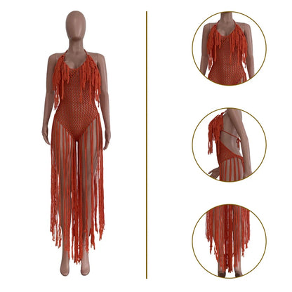 Knitted Tassel See Through Holiday Beach Bodysuits