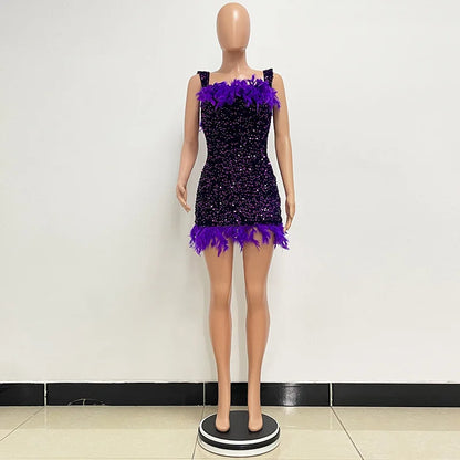 Short Sequins Halter Feathers Spicy Dresses