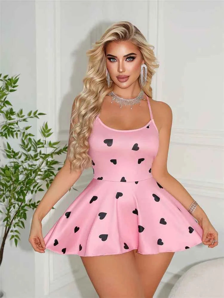 Spaghetti Strap A Line Dress Sweet Summer Heart Print Pink Nightgown