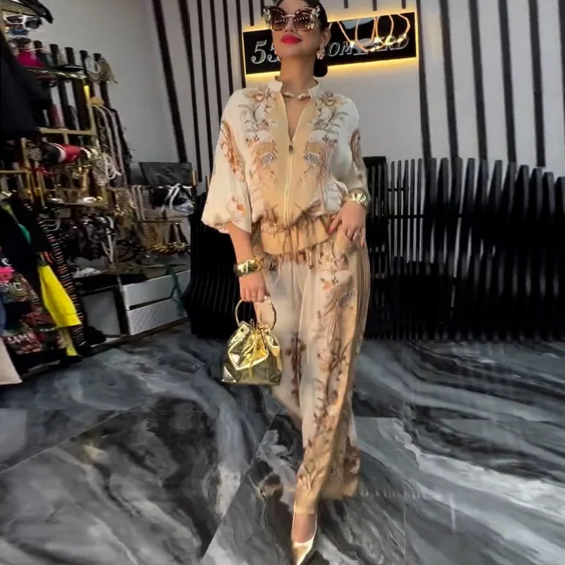 Flower Print Top + Drawstring Trousers Two-piece Suits