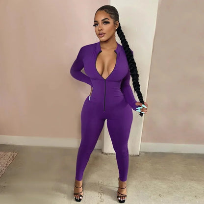 Deep V Bodycon Rompers Womens Jumpsuit Sport Suit Fashion Zip Up Long Pants Overalls Fitness Set