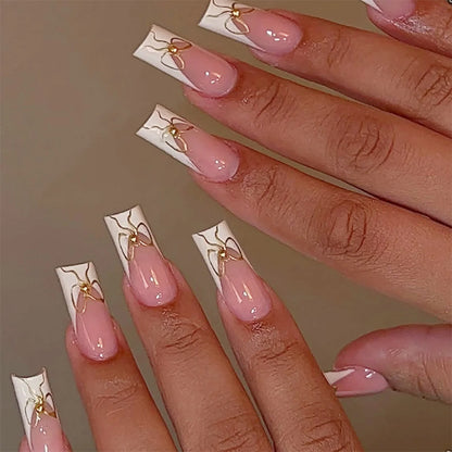 24pcs Mid-length Press on Nails Pink French Full Cover Flower Design Fake Nail Reusable Pearl False Nail with Jelly Glue Nails