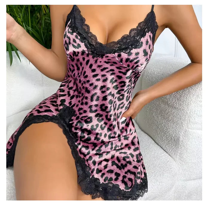 Lace Trim Leopard Nightdress V Neck Backless Side Split Slip Sleepwear Dresses