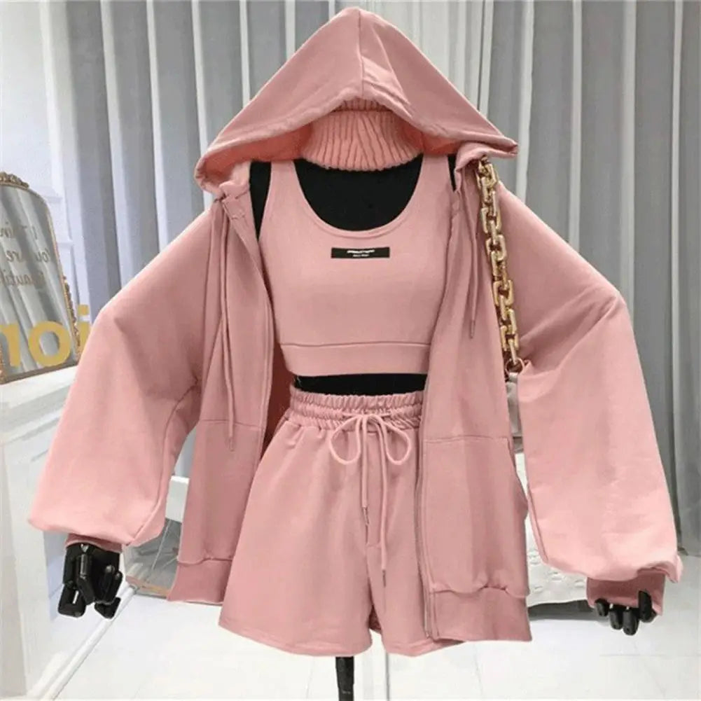 3Pcs/Set Women's Activewear Set Coordinated Vest Hoodie Sweatshirt Shorts Suit (Sportswear)