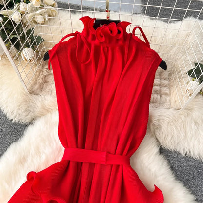 Stand Collar Lace Up Ruffles Boho Dresses