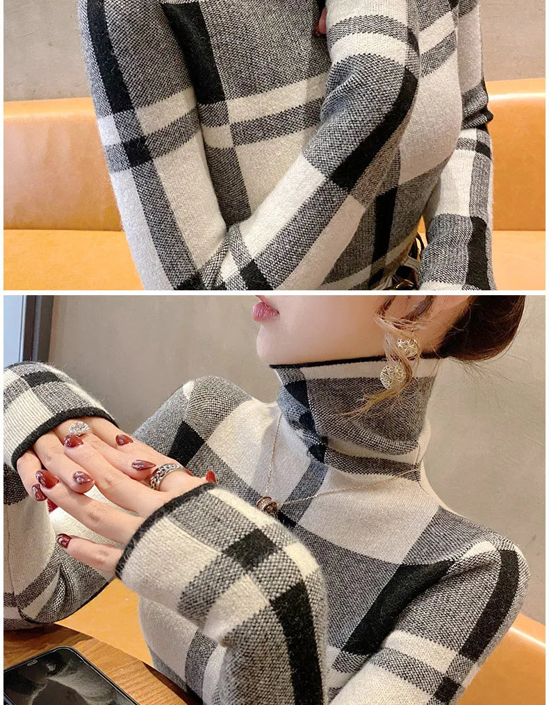 Kyli's Basic Soft Elastic Slim Turtleneck Wool Knitted Sweaters (Vintage Plaid)