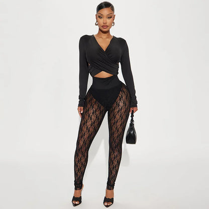 Joskaa Women's Jacquard  Lace Leggings Patchwork Sexy See Through High Waist Pencil Pants Female Bottoms Midnight Party Clubwear