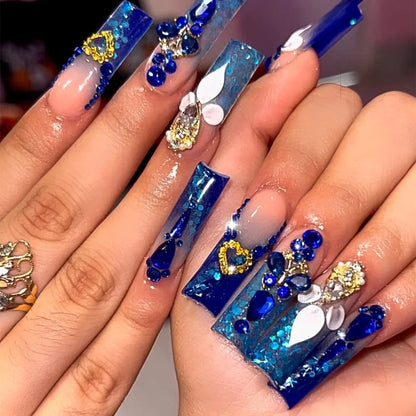 24Pcs Long Square Press on Nails Leopard Print French 3D Cherry Design False Nail Rhinestone Wearable Full Cover Fake Nails Tips