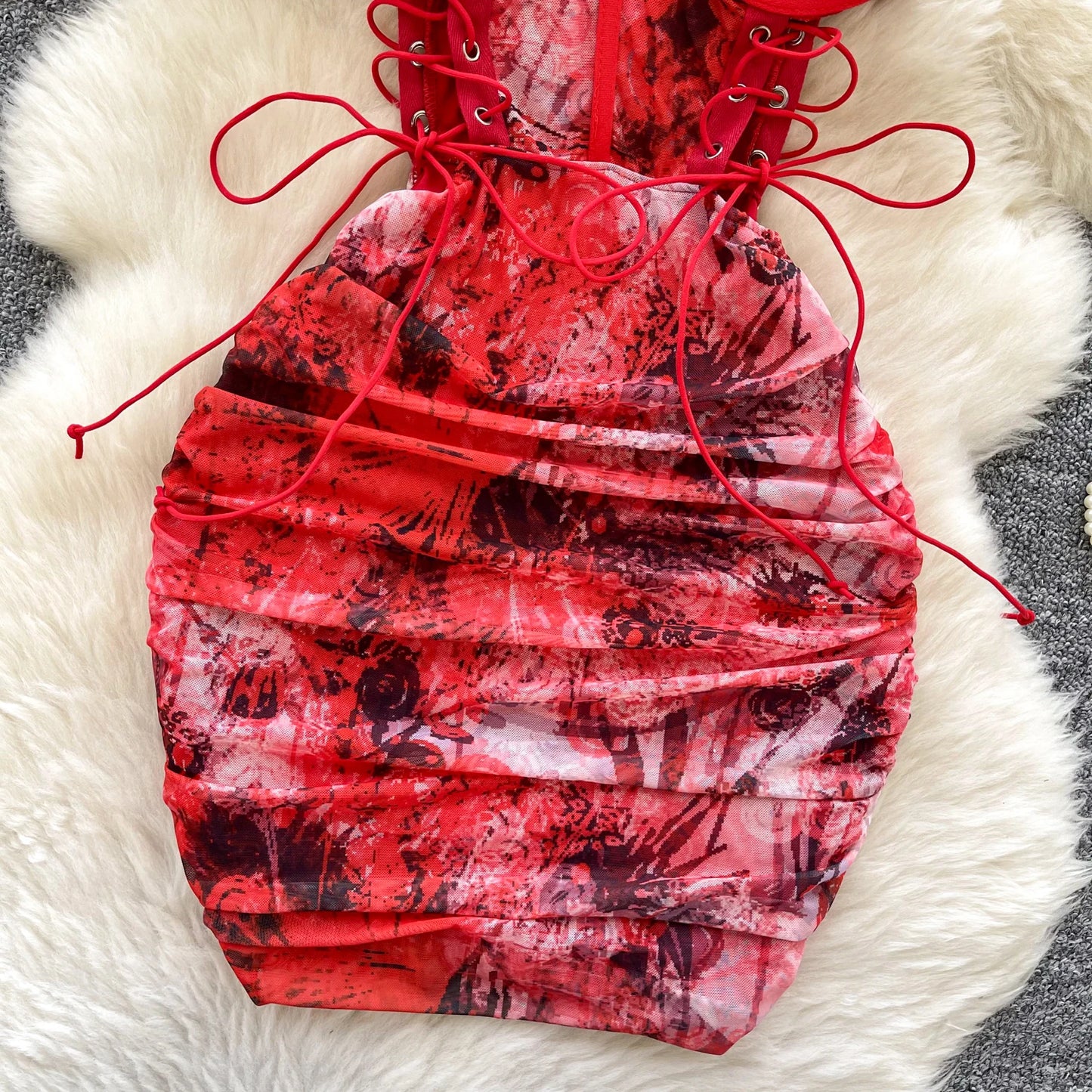 Strapless Lace Up Hollow Out Design Pleated Bodycon Dresses