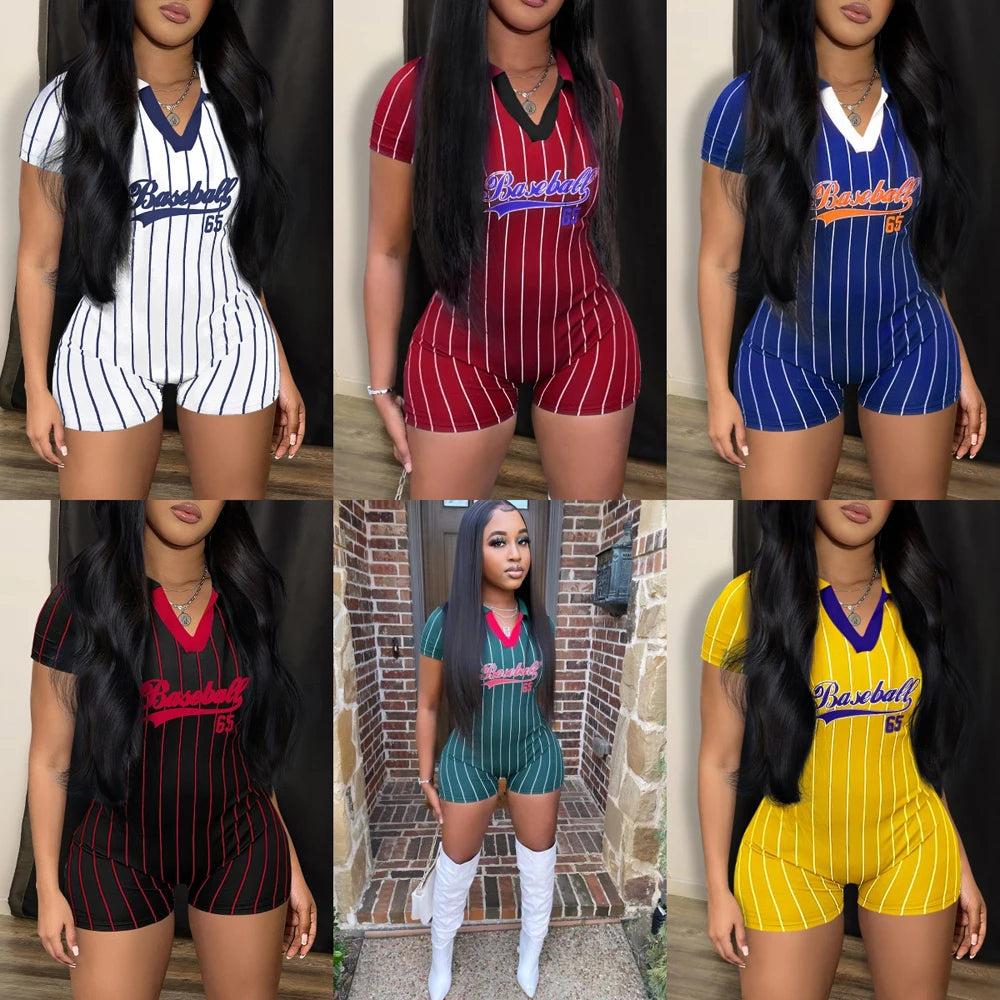 Hennessey's V Neck Baseball Letter One Piece Tight Short Jumpsuit