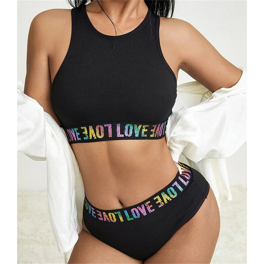 Love Letter Tank Crop Tops Gym Sport Bra  + Briefs Underwear Set ropa interior sexi mujer