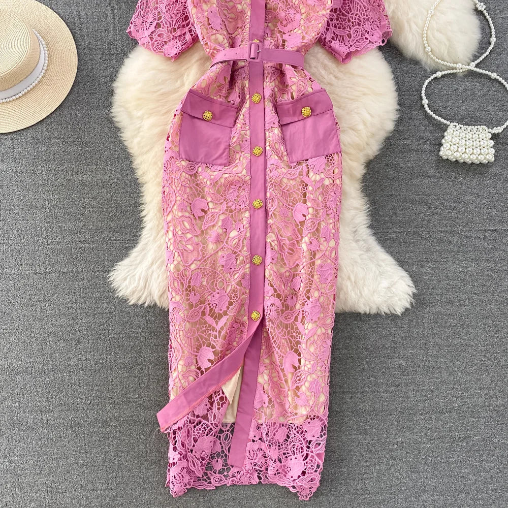 Floral Lace Dress V Neck High Waist Maxi Dresses