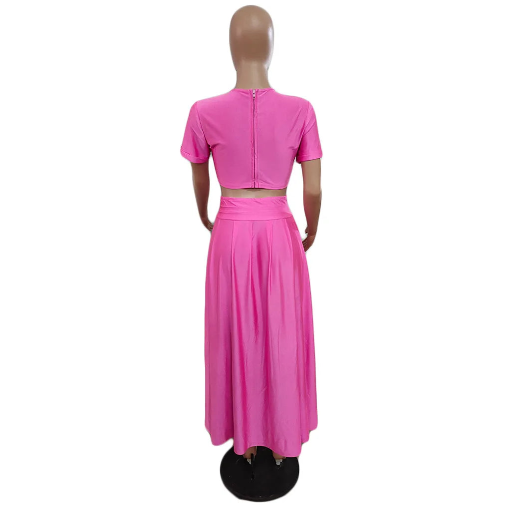 Suhiaqe Short-sleeved Crop Tops + Maxi Split Skirts Solid Color Matching Outfits