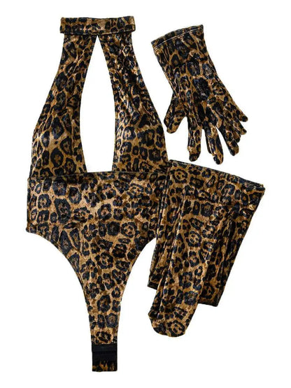 Leopard Print Bodysuit + Gloves + Leggings Backless Deep V Suspenders Sleeveless Bodysuits Thin 3X4C