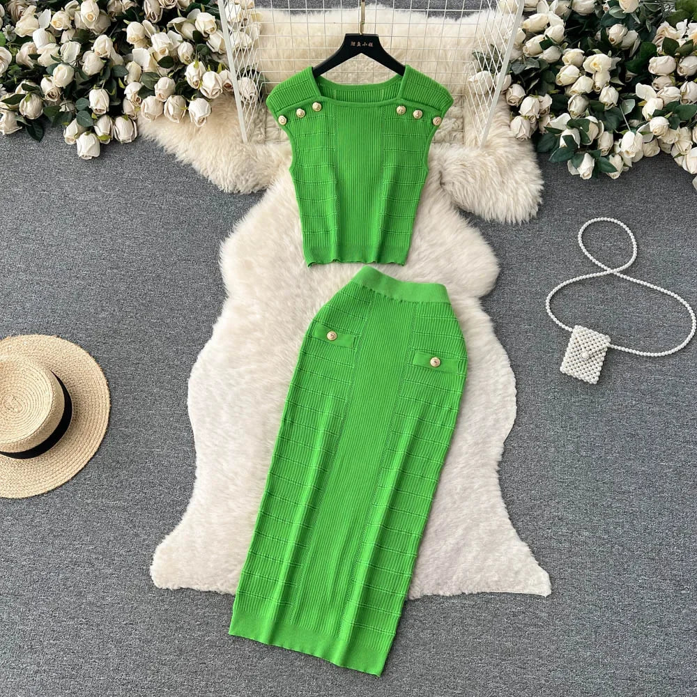 Knitted 2 Pcs. Buttons Crop Top Tanks + Slit Midi Skirt Set