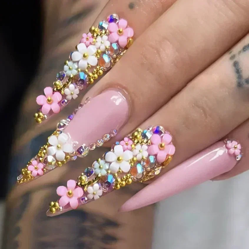 24Pc Long Stiletto Press on Nails Cherry Pink French False Nails with 3D Bow Pearls Design Detachable Acrylic Fake Nail Art Tips