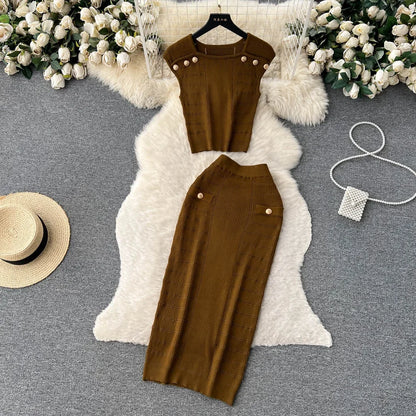 Knitted 2 Pcs. Buttons Crop Top Tanks + Slit Midi Skirt Set