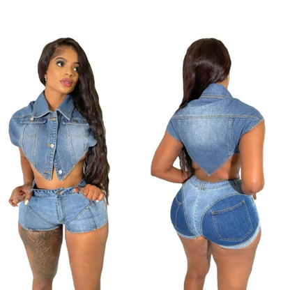 Denim Top Single Breasted + Short Matching Sets