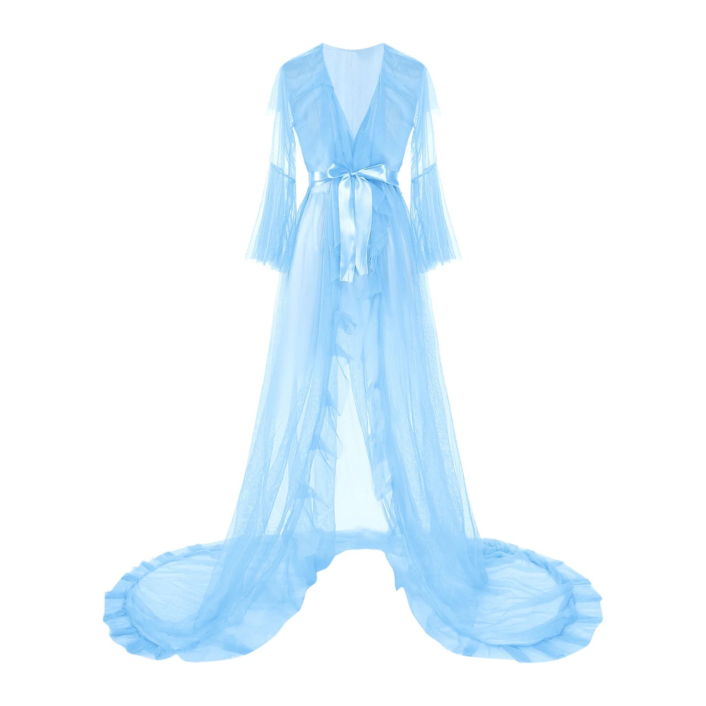 Ruffled Trim Long Tulle Robe Femme Nightwear Nightdress