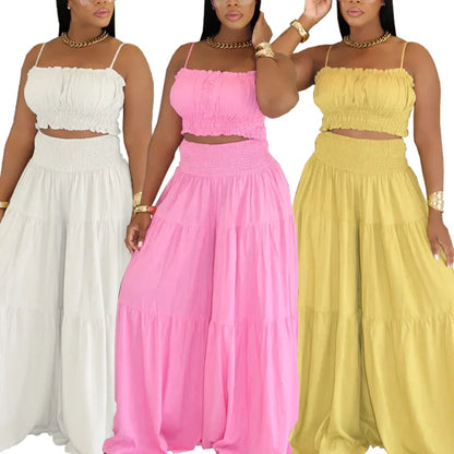 Solid Color Spaghetti Strap Tube Top + Wide Leg Pants