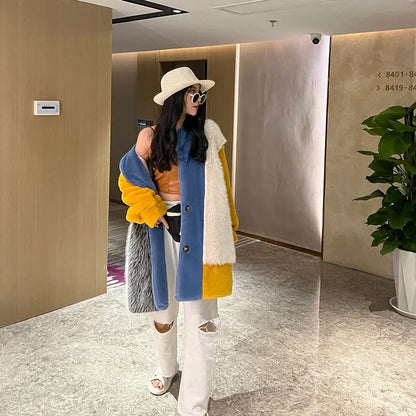 Winter Faux Fur Jackets for Women Furry Warm Splicing Contrast Color Blue Faux Fur Coat Long Jacket Cardigan Women