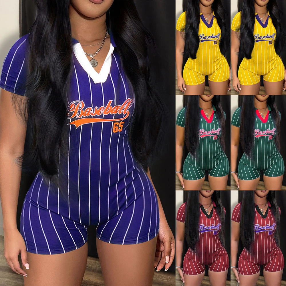 Hennessey's V Neck Baseball Letter One Piece Tight Short Jumpsuit