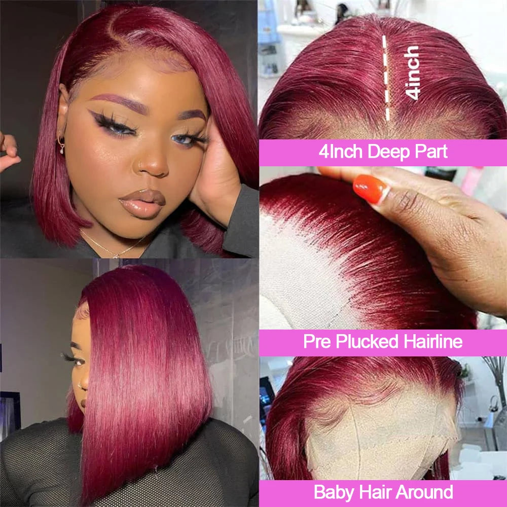 99J Burgundy colour Bob Wig Glueless 13x4 Lace Frontal Bob Wigs 100% Brazilian Human Hair Straight Short Wine Red wig of Women