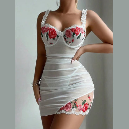Flower Splicing Chest Support Sleeping Nightdress Sexy Lingerie Temptation Embroidered Nightgown Lace