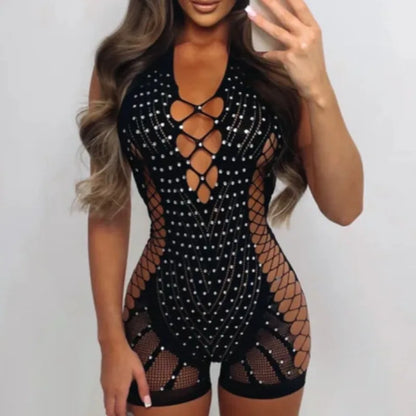 New Rhinestone Halter Neck Mesh Bodysuit with Bodycon Adjustable Lingerie for Women