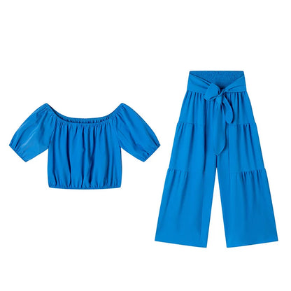 Puff Sleeve O Neck Tops + High Waist Wide Leg Pants (2 Pcs.)