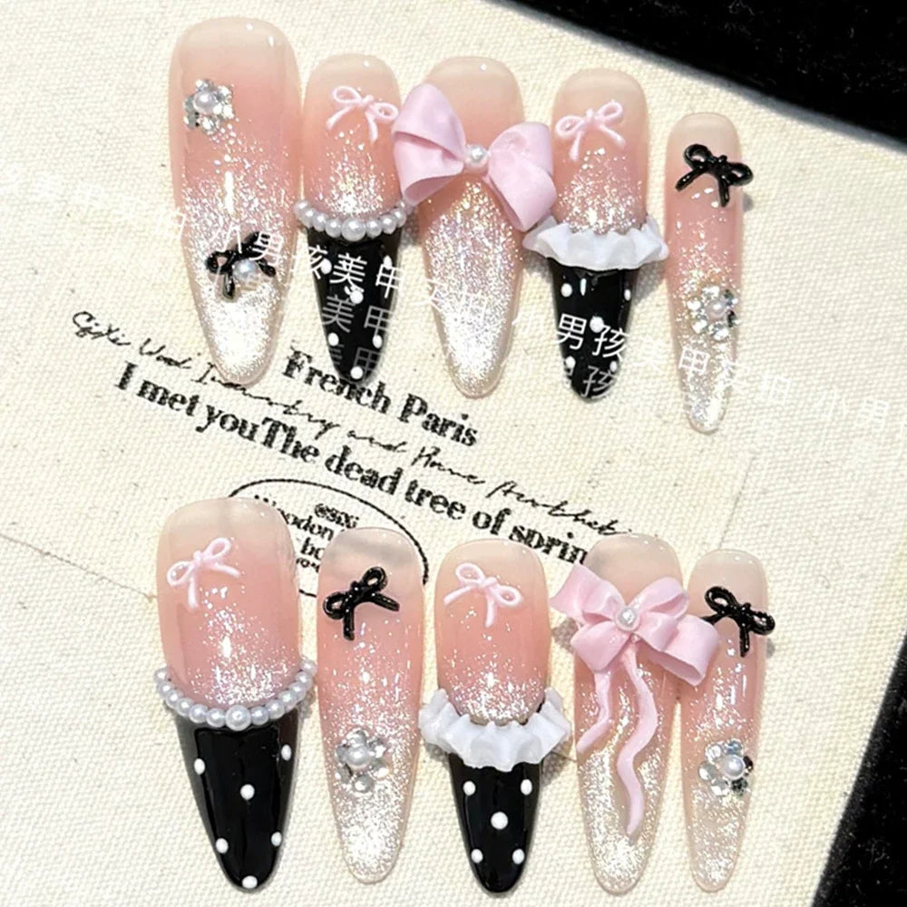 10Pcs Luxury Court Handmade Long Stiletto Full Cover Nails 3D Spice Girl Sparkling Diamond Bow Pearl Flowers Wearable Fake Nails