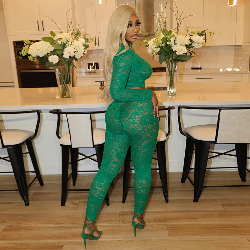 See Through O-Neck Crop Tops+Leggings Skinny Stretch Matching Midnight Party Clubwear